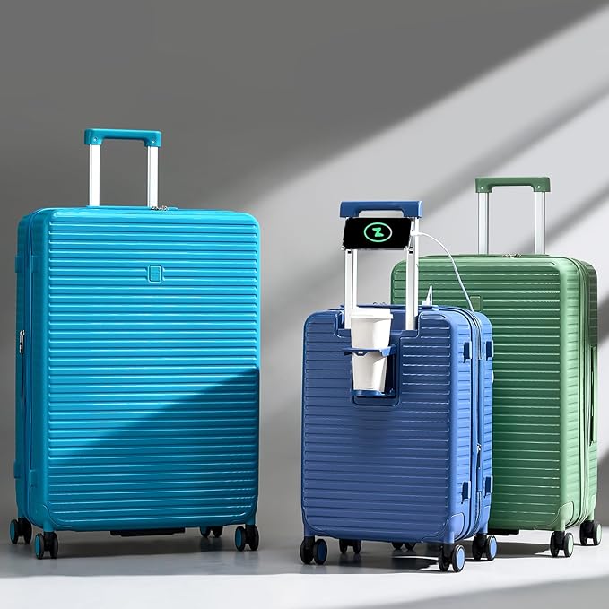 HanTrip 28 Inch Luggage Hard Shell Suitcases, Expandable Travel Checked Luggage 28 Inch, Large Check In Luggage with Spinner Wheels Cup Holder Charger Built in Lightweight Suitcase, Interstellar Blue