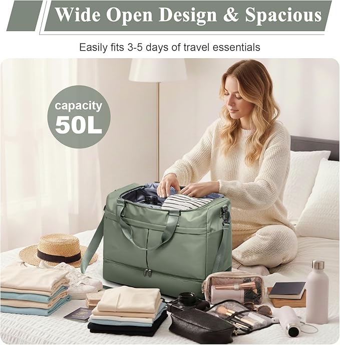 Weekender Bags for Women - 50L Large Travel Duffle Bag with Shoe Compartment - Carry on Overnight Bag for Travel, Weekend Getaway, Gym, Hospital