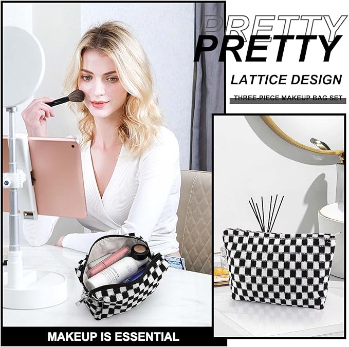 EIMMBD Makeup Bag 3 Pieces Large Capacity Checkered Cosmetic Bags Travel Toiletry Bag Organizer Cute Makeup Pouch Storage for Women(Black)