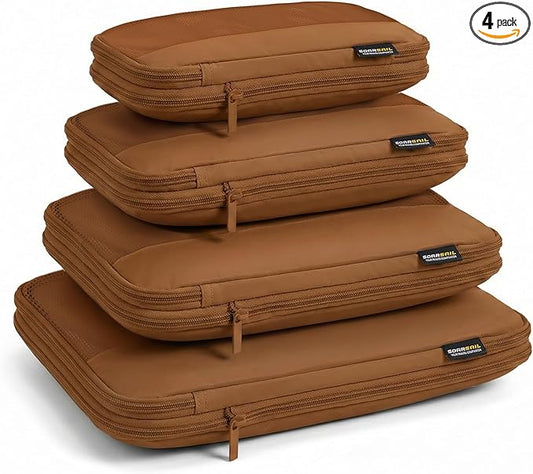 4 Piece Compression Packing Cubes for 3–7 Day Travel, Lightweight Travel Organizers with Breathable Mesh, Double-Zipper Packing Cubes for Carry-On & Suitcases (Light Brown)