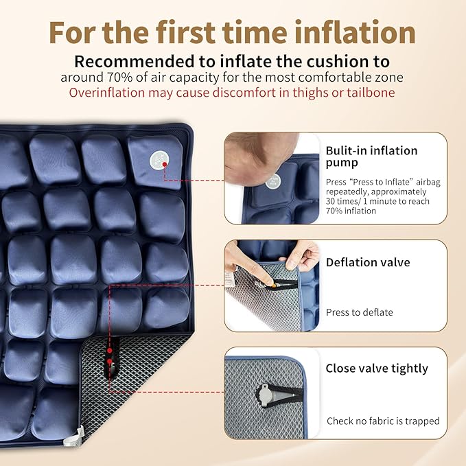 Air Inflatable Travel Seat Cushion with Built-in Pump & Carry Bag– Portable & Adjustable for Airplane, Car, Office – Coccyx, Sciatica & Tailbone Pain Relief (Blue)