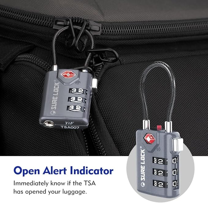 SURE LOCK TSA Approved Combination Luggage Locks with Open Alert Indicator – Durable Zinc Alloy Cable Travel Locks with Large Easy-Read Dials for Suitcases, Backpacks & Gym Bags(Grey 2 Pack)