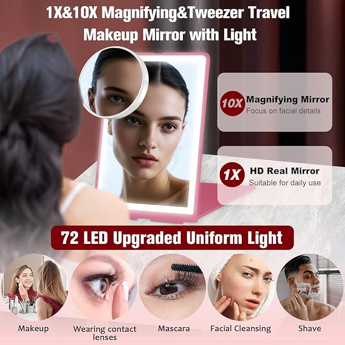 Travel Makeup Mirror with Lights Valentines Day Gifts for Her, Girlfriend, Wife, Birthday Gifts Rechargeable Portable Folding Compact LED Mirror Set with Tweezer 3 Color Light Modes-Rosy