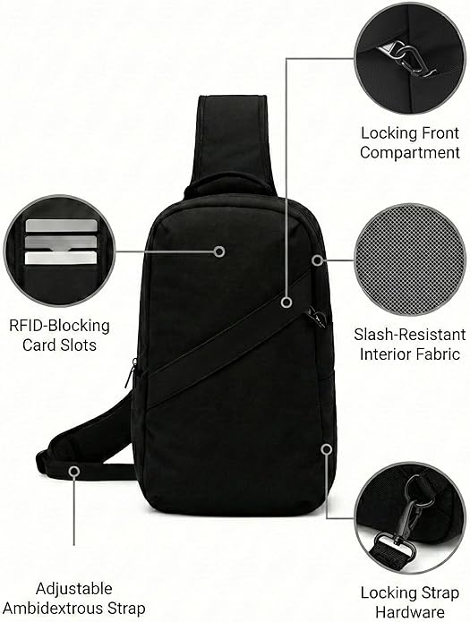 Anti-Theft Classic Crossbody Sling Bag, RFID-Blocking, Slash-Resistant with Locking Zippers for Travel & Everyday City Use | RFID Blocking, Locking Zipper, Slash-Resistant, Locking Strap, Ambidextrous Wear
