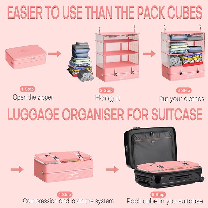 Compressible Packing Cubes Portable Hanging Closet Shelves 17"x12"x24" Extendable Travel Organizer Nylon Packing Bags for Suitcase