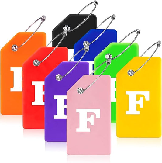 Gostwo 8 Pack Luggage Tags for Suitcases, 26 Initial Letter Travel Luggage Baggage Identification Labels ID Tags Fully Bendable Tags with Stainless Steel Loop (Letter F, Colorful)
