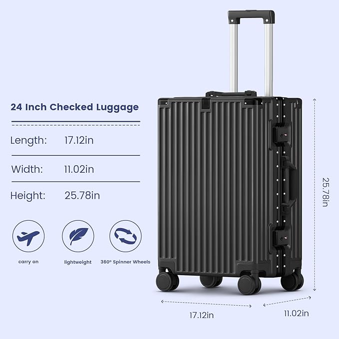 Carry On Luggage, 24 Inch Zipperless Luggage, Aluminum Frame Hardside Suitcase with TSA Lock, Spinner Wheels, Phone Holder, Charging Port, Cup Holder for Lightweight Travel, Black