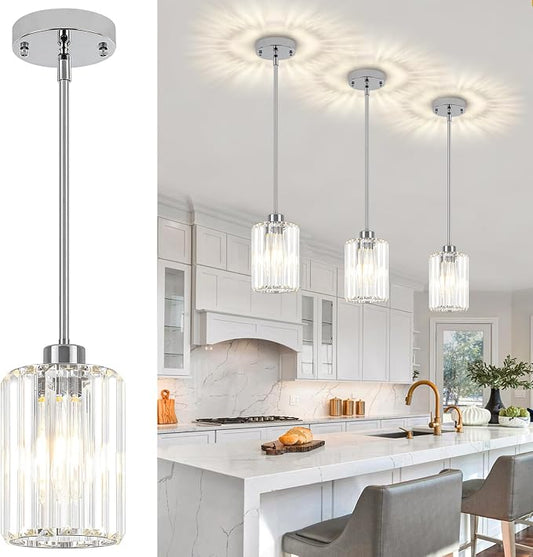 Chrome Pendant Lights Over Island Modern Crystal Kitchen Lighting Fixtures | 1 Pack Adjustable Entryway Ceiling Lights, Hanging Pendant Light for Dining Room Bathroom Hallway Above Sink