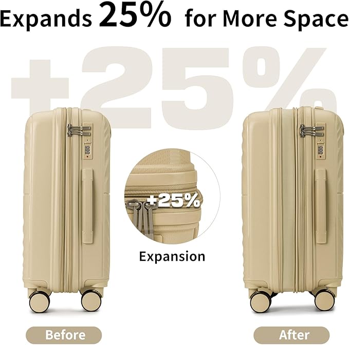 LARVENDER Carry On Luggage Set 22x14x9 Airline Approved, Expandable 20 Inch Carry-On Suitcases With Wheels, Lightweight Luggage Sets 3 Pieces With Backpack, Champagne