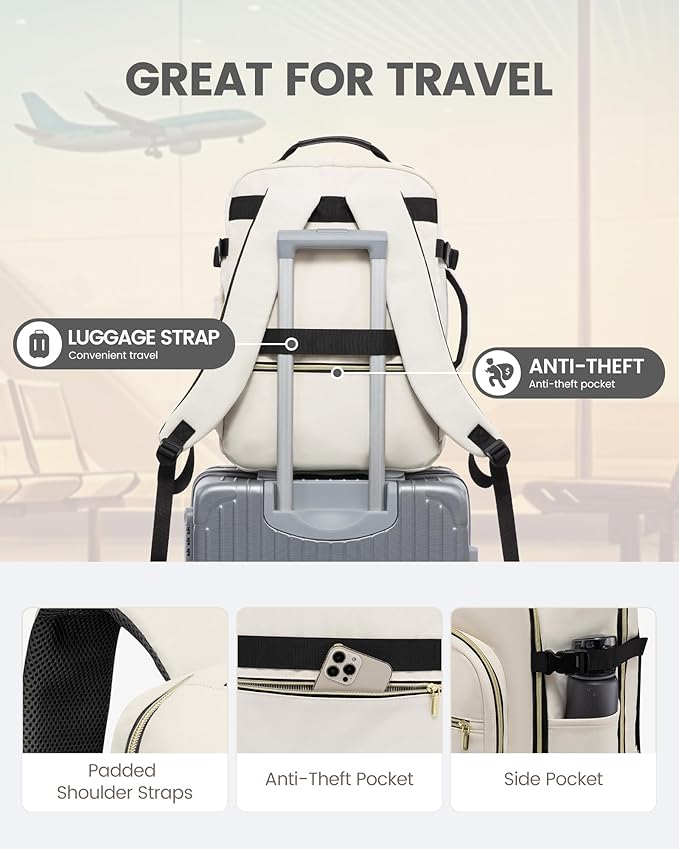 LOVEVOOK Travel Backpack for Women & Men 40L,Airline Approved Carry On Backpack Travel Essentials,TSA Carry on Luggage,Waterproof Personal Item Travel Bag,Suitcase with 3 Packing Cubes,Beige-Black