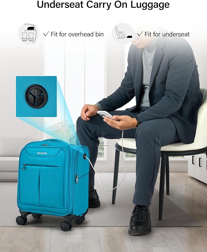 Hanke Underseat Carry On Luggage with Wheels, Lightweight Small Suitcase Airline Approved 16 Inch Softside Personal Item Travel Bag for Women Men, Compact Under Seat Luggage.(Caribbean Blue)