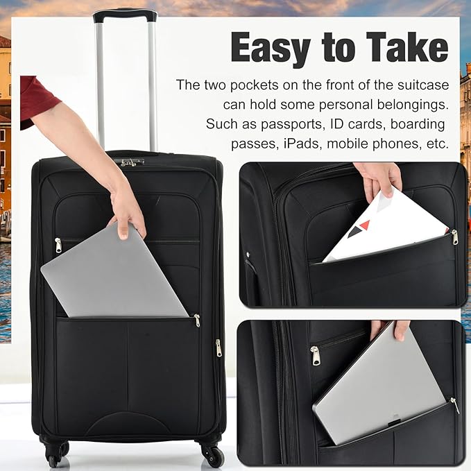 Luggage Sets Softside Expandable 3 Piece Set Lightweight Suitcase with Duffel Bag Upright Spinner Softshell, TSA Lock Carry On for Business for Family Travel (Black, 22"/26"/30")