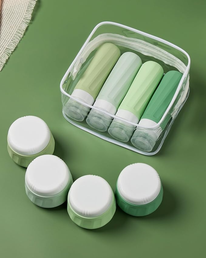 Travel Size Toiletries 8 Pack, TSA Approved 3oz Silicone Squeeze Bottles & Cream Jars with Clear Travel Bag