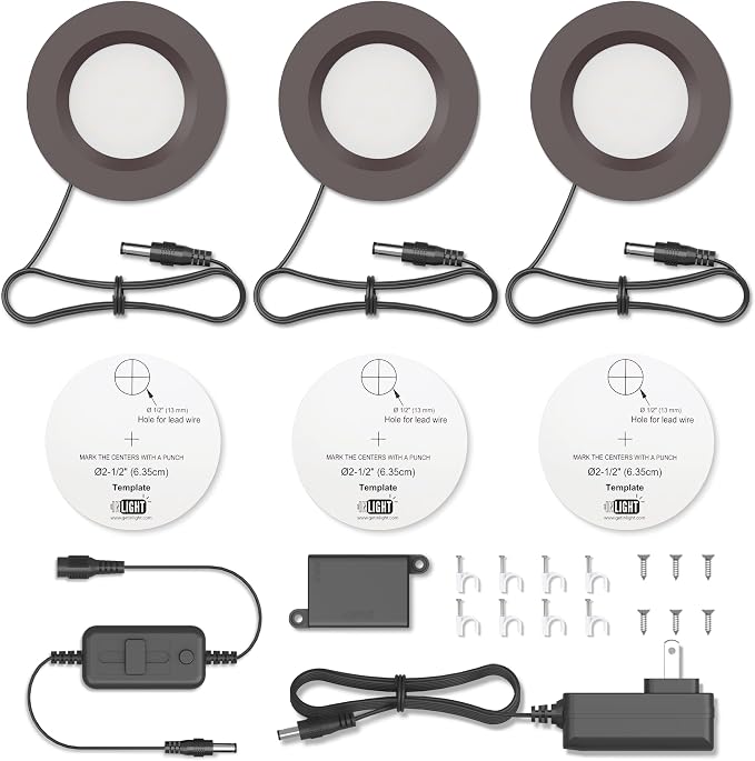 GETINLIGHT 2.75-Inch LED Puck Light Kit, 3-Pack, Plug-in, 3000K, Bronze | Warm white light, 12V plug-in kit with in-line dimmer, recessed/surface mount. Model: IN-0102-3-BZ