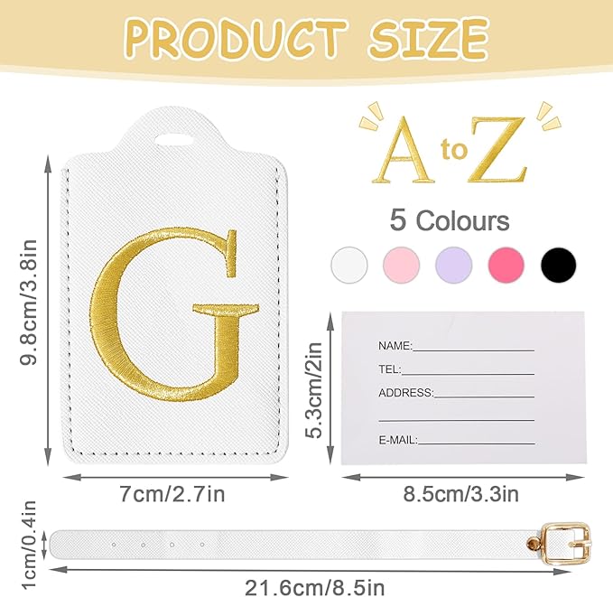 Initial Luggage Tags for Suitcases, Cute Embroidered Letter Luggage Bag Suitcase Identifier Name Baggage Tag, PU Leather Travel Luggage Tags, Bag Tags for Men Women Kids Luggage Handbags(White G)