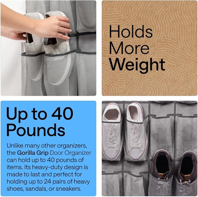 GORILLA GRIP Over the Door Shoe Organizer, 2 Pack, 24 Breathable Mesh Pockets, Space Saving Hanging Storage Holder, Closet Rack Hanger Holds Up to 40 lbs, Hangs on Closets, Shoes, Accessories, Grey