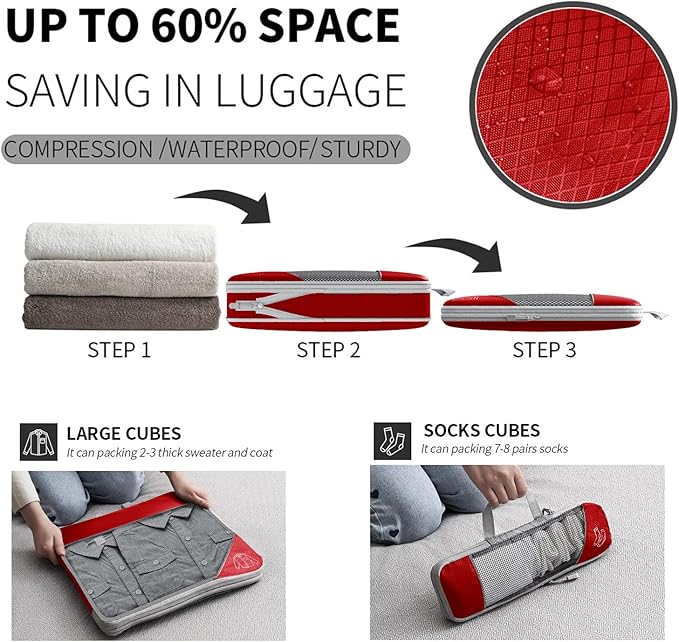 9-Set Packing Cubes with Hanging Bag | 9-Size Combination, Mesh Fabric & Reflective Stripe | Travel Luggage Organizers (Red)