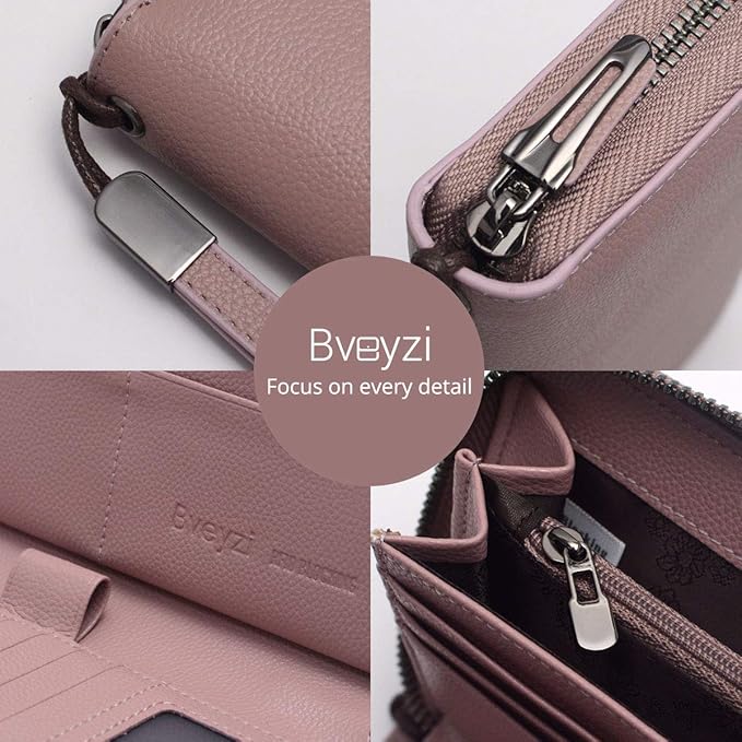 Bveyzi Women RFID Blocking Wallet Leather Zip Around Phone Clutch Large Capacity Ladies Travel Purse Wristlet | RFID Blocking, Zip Around, Large Capacity