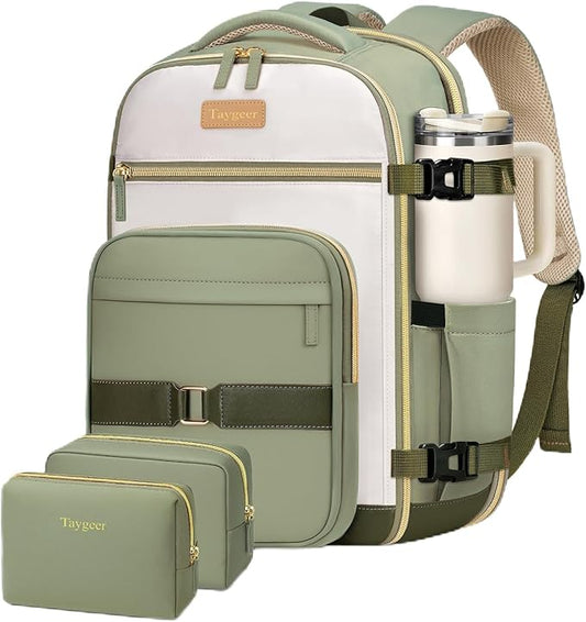 Taygeer Underseat Personal Item Backpack, Dirt-resistant TSA Approved United Airlines Personal Item Bag 17x10x9 with 2 Packing Cubes, 35L Travel Carry on Backpack for Airplanes women, Green