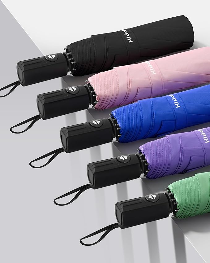 HIPPIH Compact Travel Umbrella for Rain - Windproof Automatic Umbrellas, UV Umbrella for Sun Protection with Black Anti-UV Coating, Portable Small Umbrellas for Backpack, Car, Walking, Kids, Women