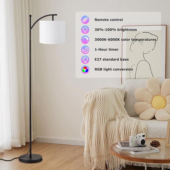 Floor Lamps with Smart Light Bulb, RGB + Color Temperatures Bright Dimmable Smart Floor lamp(White Shade & Black Pole)