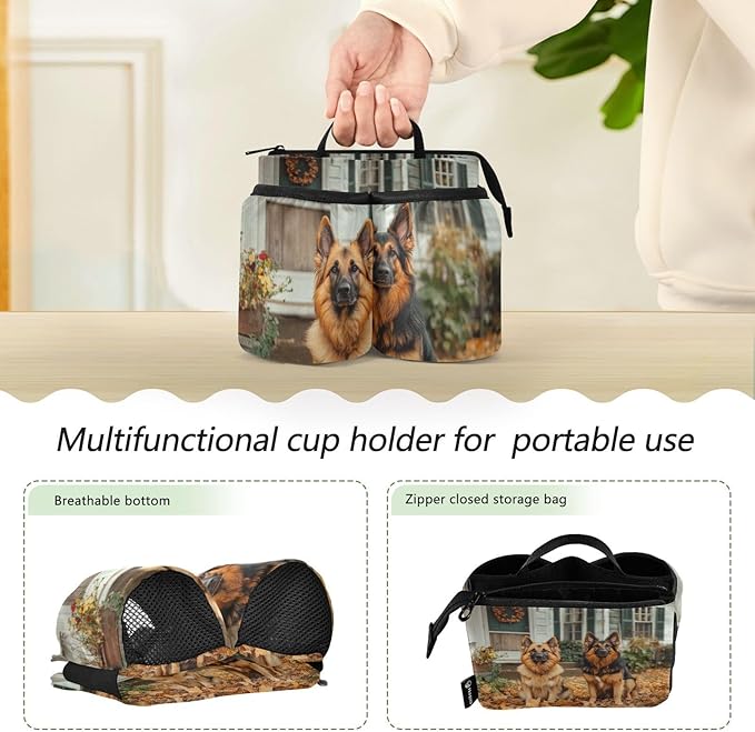 Cute Fall Leaves German Shepher Dogs Luggage Cup Holder Travel Portable Free Hand Drink Carrier Suitcase Drinks Beverage Holder Carry-On Bottle Mug Holder Organizer Bag Travelers Accessories