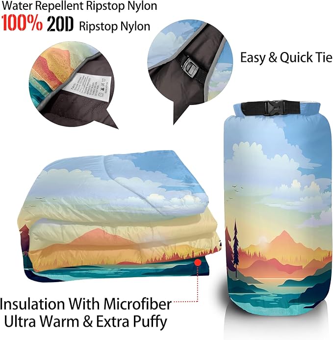 Outdoor Puffy Camping Blanket, Lightweight Down Alternative Puffy Printed Camping Large Ultra Warm Hammock Top Quilt Waterproof Blanket for Traveling Picnic Beach Party Cold Weather (Sunset)