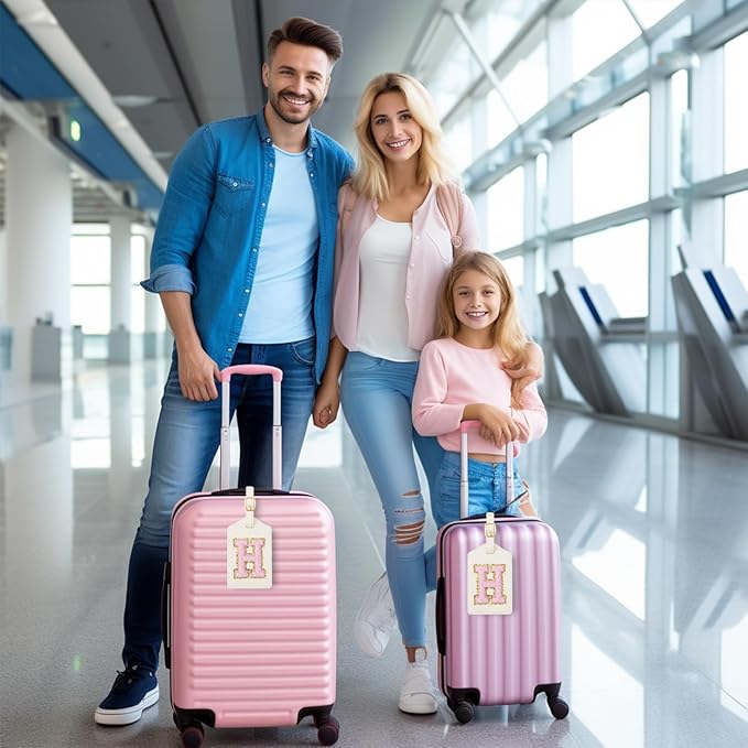 Initial Luggage Tag, PU Leather Luggage Tag, Embroidered Luggage Tag, Letter Luggage Tag, Monogrammed Luggage Tag, Luggage Tag for Baggage Bag Suitcase (H, White Leather+Pink Letter)