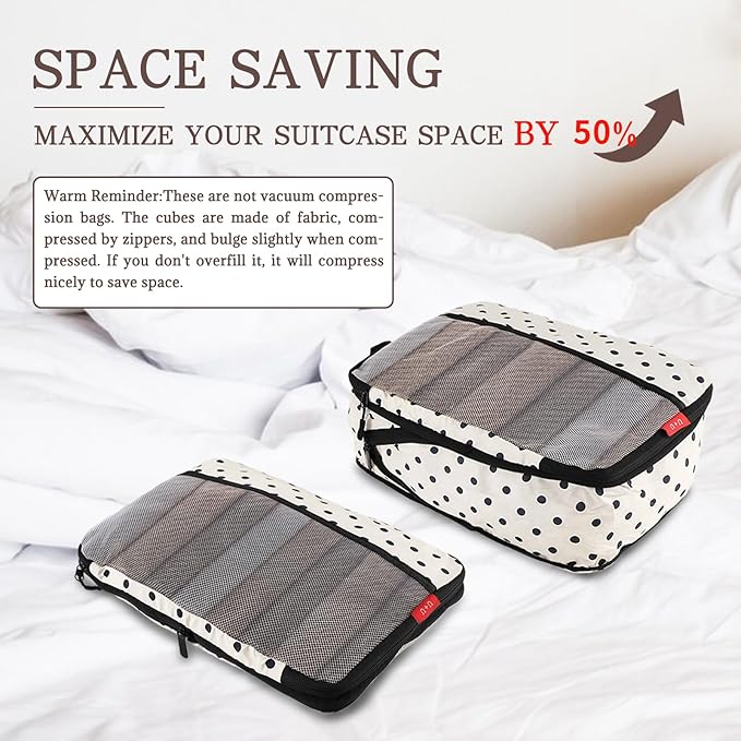 U+U 6 Set Compression Packing Cubes - Ultralight Travel Organizers with Laundry Bag, Space-Saving Suitcase Organizer, Expandable Packing Cubes for Travel, Business Trip and Family Vacation (Polka Dot)