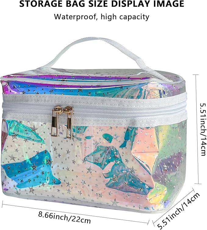 Waterproof Blue Star Print PVC Makeup Bag with Handle - 8.66 * 5.51 * 5.51 inch Travel Cosmetic Organizer for Women Men Toiletry Pouch (Blue Star-L)