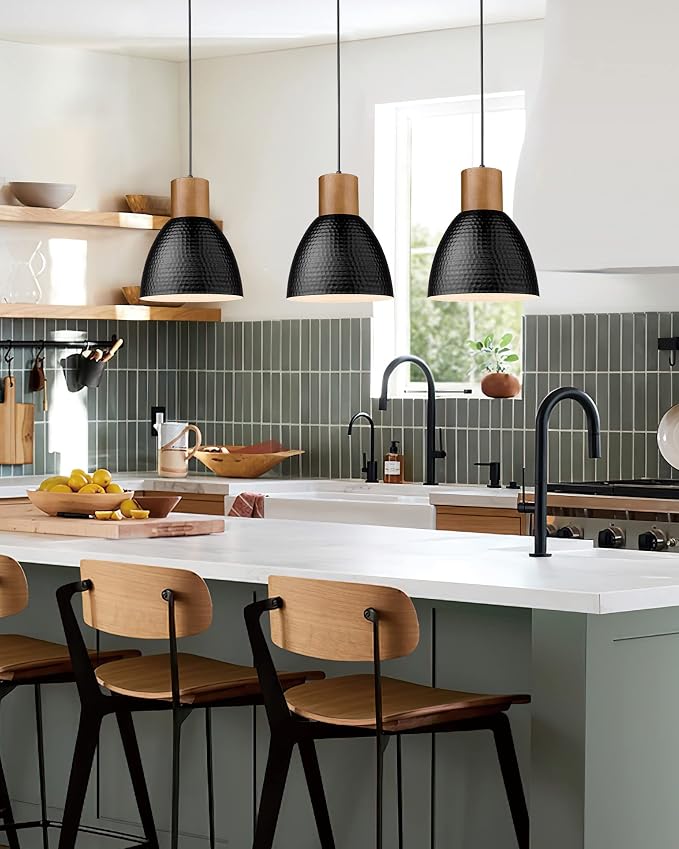 ELYONA Industrial Hammered Pendant Light 7” Small Solid Wood Hanging Lamp with Hammered Metal Shade, Farmhouse Pendant Light Fixtures for Kitchen Island, Dining Room, Bedroom, Office, Modern Black