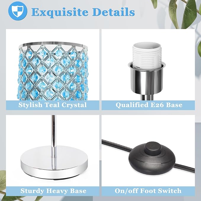 Crystal Floor Lamp, Silver Tall Pole Lamp with Teal Shade and Pedal Switch | Elegant Standing Light, Tall Pole Girls Lamp for Living Room Bedroom Dresser Office, E26 Base