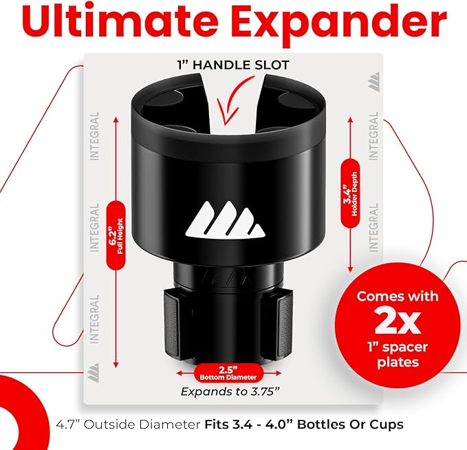 Integral Ultimate Expander Car Cup Holder - Adjustable Base - Expander & Organizer for Vehicles - Compatible with Coffee Mug, Yeti 14/24/36/46oz, Ramblers, Hydro Flasks 32/40oz, 3.4"-4.0" Bottles