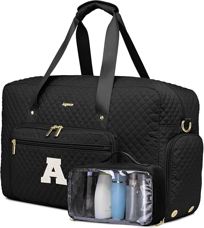 Initial Travel Duffle Bags for Women - Personalized Weekender Bag with Shoe Compartment Overnight Bags with Toiletry Bag Hospital Bag for Women Birthday Gifts for Mom Wife Friends Black (Letter A)