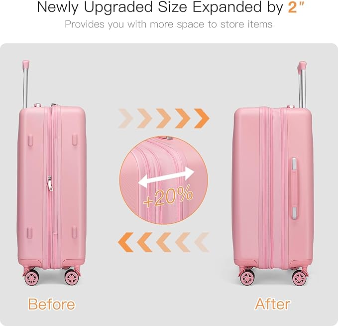 Kono Lightweight 24 Inch Expandable Luggage with Quiet Spinner Wheels TSA Lock, Scratch and Drop Resistant PC+ABS Hardside Durable Medium Checked Suitcase, Pink