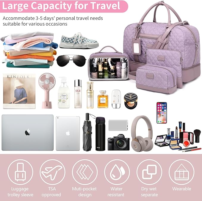 Wogarl Weekender Bags for Women Large Overnight Bag Weekend Travel Duffel Bag Carry on Shoulder with Shoe Compartment Toiletry Bag for Travel Business Gym