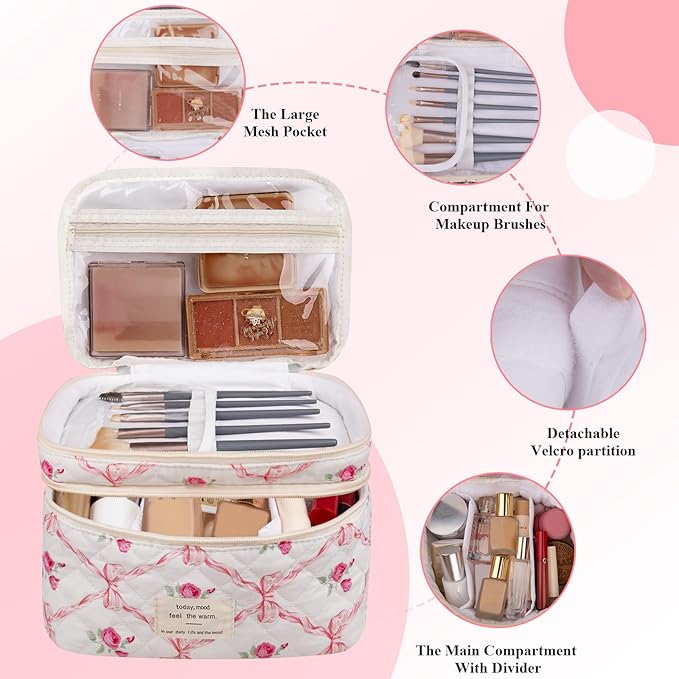 Makeup bag, Large Cosmetic Bag for Women Girls, Cute Quilted Makeup Bags, Floral Coquette Aesthetic Toiletry Bag, Travel Make Up Organizer Bag (Pink)