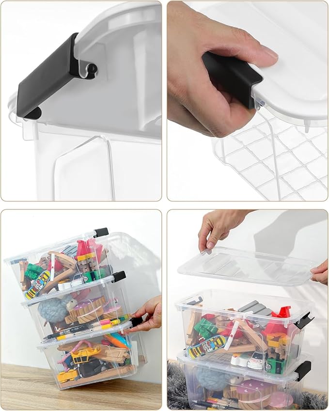 NUMIFUN Plastic Storage Bins with Lids 6 Pack, 7 Quart Storage Containers with Black Buckle Latch, Stackable Storage Containers for Home Pantry Office Classroom Organization, White