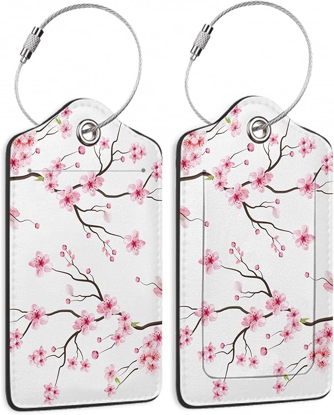 Luggage Tags for Suitcase,2 Pack Japanese Cherry Blossom Tree Luggage Tag PU Leather Privacy Cover ID Label with Stainless Steel Loop for Women Men Teens Travel