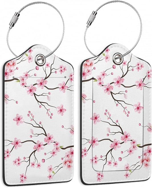 Luggage Tags for Suitcase,2 Pack Japanese Cherry Blossom Tree Luggage Tag PU Leather Privacy Cover ID Label with Stainless Steel Loop for Women Men Teens Travel