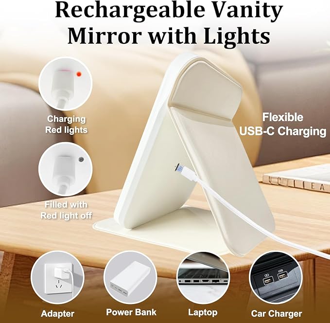 Rechargeable Travel Mirror with Light, LED Makeup Mirror with Lights, Portable Vanity Mirror with 3 Color Lighting, Touch Dimmable Lighted Cosmetic Mirror, Travel Essentials for Women (Beige)