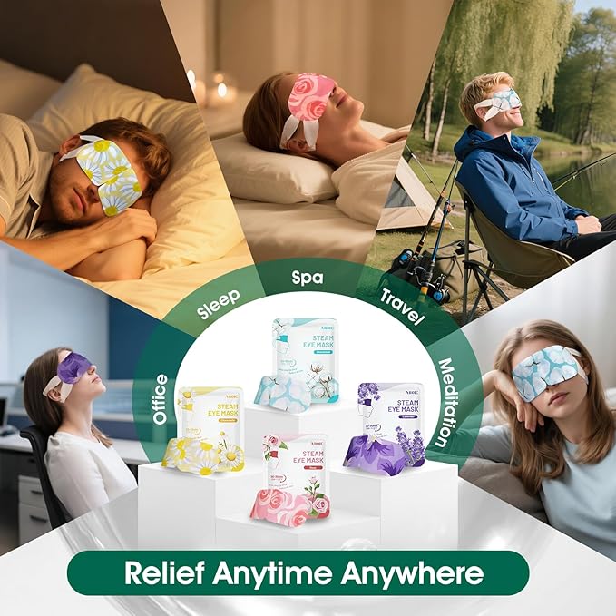 AROIC 60 Pack Steam Eye Masks Disposable, Heated Eye Mask Warm Compress for Eyes, Relaxation Mothers Day Gifts Self Care for Women, Spa Travel Essentials - Lavender, Unscented, Chamomile, Rose