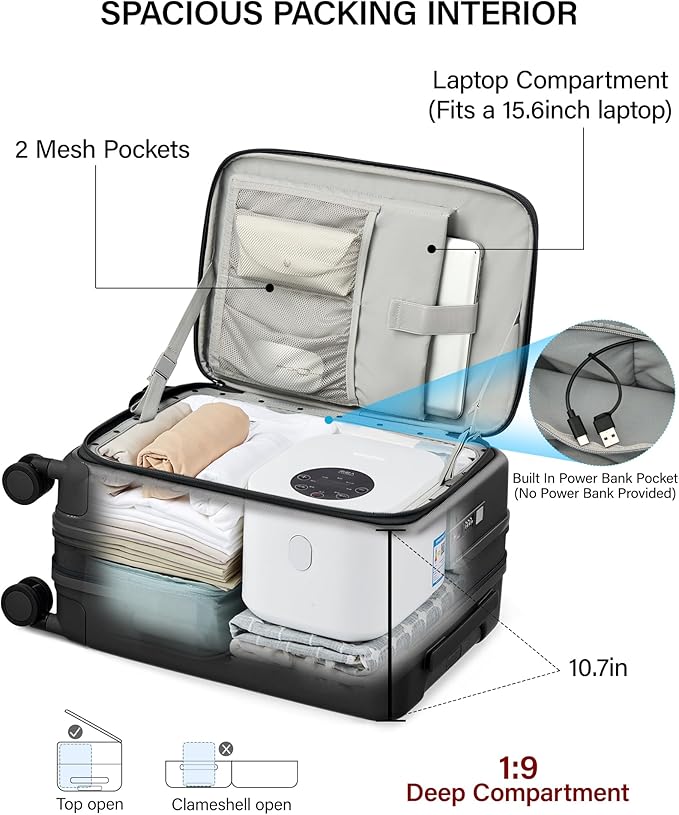 Hanke 20 Inch Expandable Carry On Luggage with Cup Holder 22x14x9 Airline Approved, Top Opening Hard Shell Suitcases with Wheels, Carry-On Travel Suitcase Trunk Luggage with Lock, Jet Black
