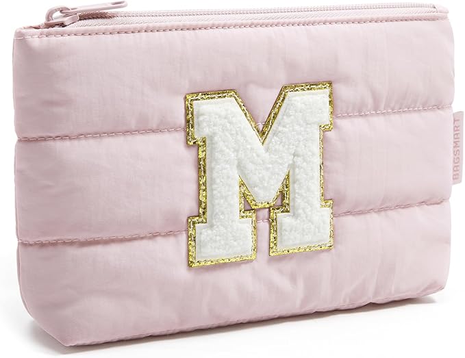 BAGSMART Personalized Makeup Bag with Initial, Pink Small Cosmetic Travel Organizer, Water-Resistant Pouch for Women & Teens for Bridesmaid Graduation (Initial-M, Small)
