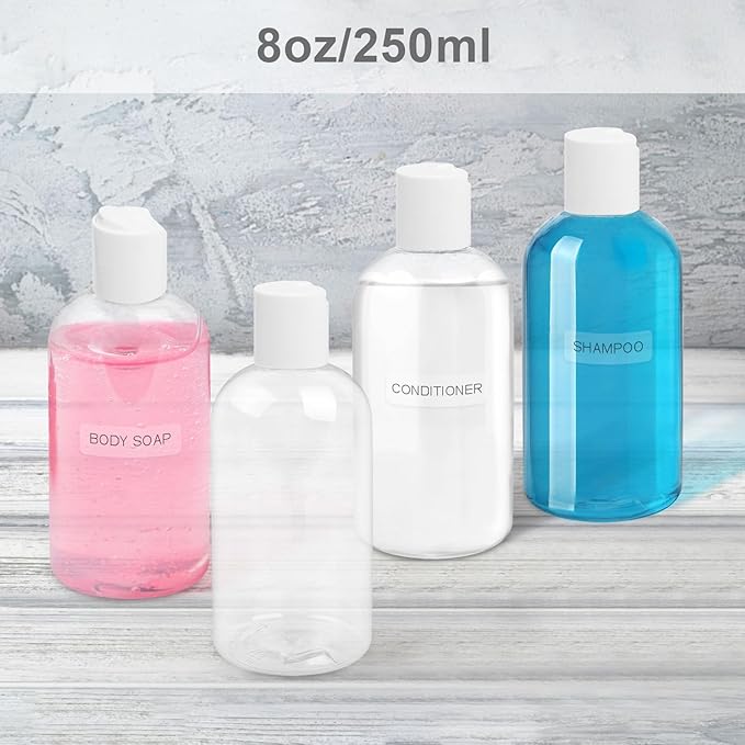 2 Pack 8 oz Plastic Bottles with white Disc Caps Clear Empty Reusable Leak-Proof Travel Squeeze Containers for Shampoo Conditioner Liquid Soap Toiletries