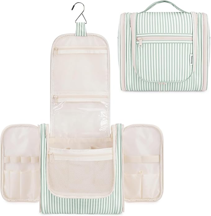 Narwey Striped Hanging Travel Toiletry Bag for Women, Travel Bag for Toiletries, Makeup Bag Organizer Cosmetic Bags Make Up Bags for Women (Mint Green Stripe)