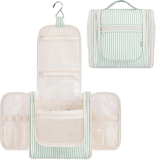 Narwey Striped Hanging Travel Toiletry Bag for Women, Travel Bag for Toiletries, Makeup Bag Organizer Cosmetic Bags Make Up Bags for Women (Mint Green Stripe)