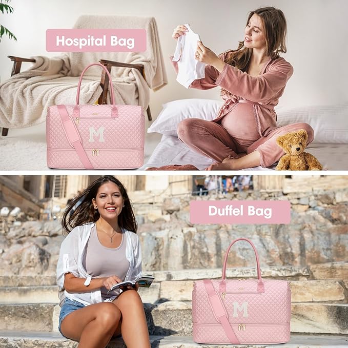 Letter Weekender Bags for Womens - Duffle Bag with Shoe Compartment Personalized Overnight Bag with Toiletry Bag Duffel Bags for Gym Hospital Bags Gift for Women Pink (Letter M)