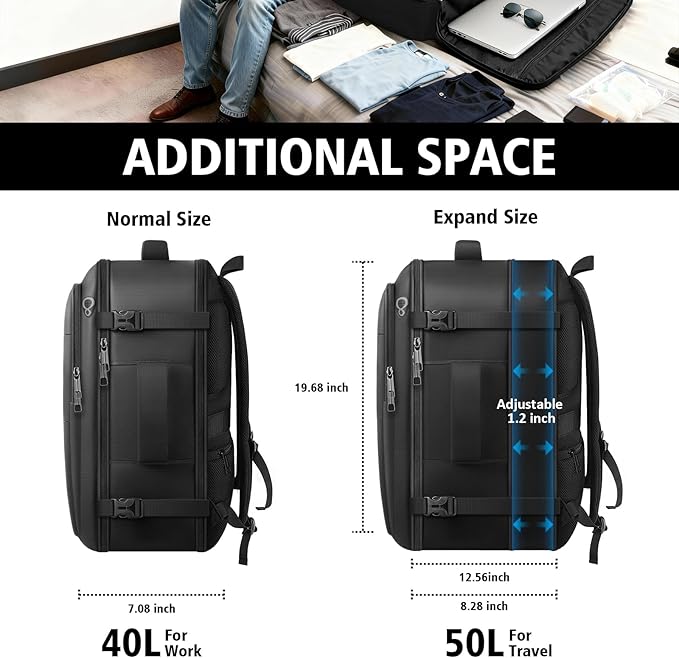Travel Backpack For Men, Extra Large 50L Flight Approved Carry on Backpack, Expandable Waterproof Business Suitcase Daypack Big Bag Fits 18.4 Inch Laptop, Black