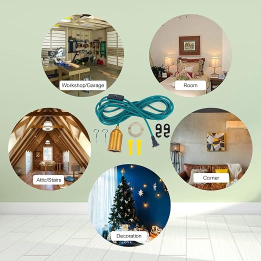 Teal Hanging Lamp Cord 15FT, Plug in Swag Light Kit, 2-Pack | Two independent hanging cords, 18AWG wire, porcelain E26 sockets, gold aluminum shells